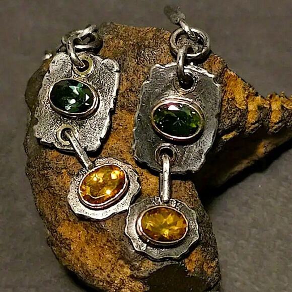Silver Citrine Peridot Dangle Vintage Boho Earrings - Picture 1 of 5